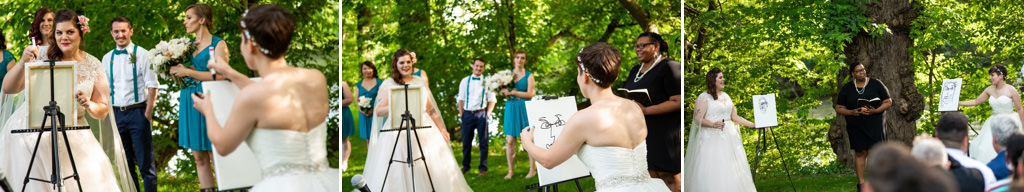 Two brides drawing portraits of each other during a canvas art unity project