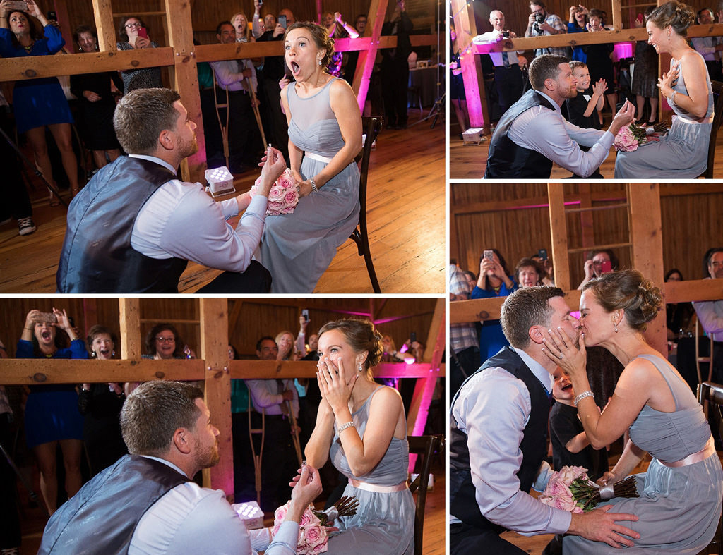 A photo of one of the groomsmen doing a surprise proposal to one of the bridesmaids. This if for the article called engagement captions for instagram.