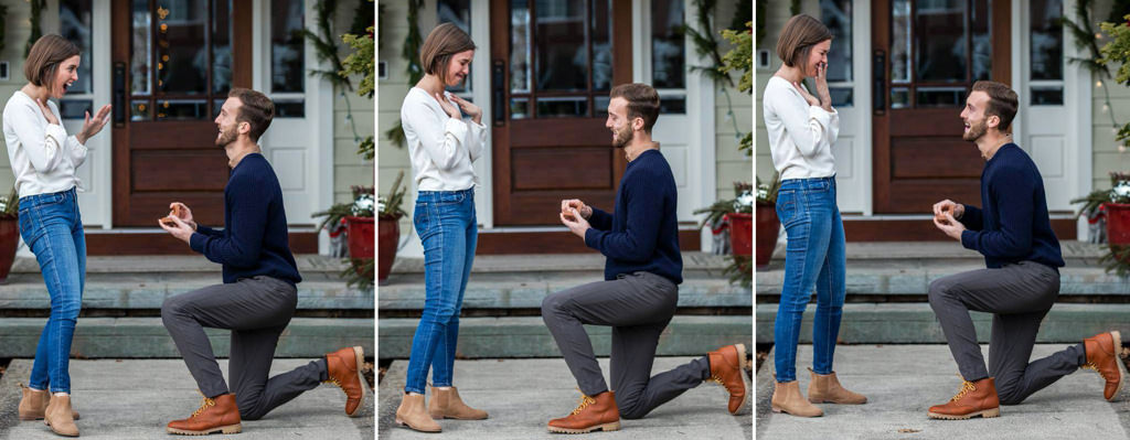 A surprise proposal between a man and a woman. He is down on one knee giving her a ring. This is for the article called engagement quotes for instagram