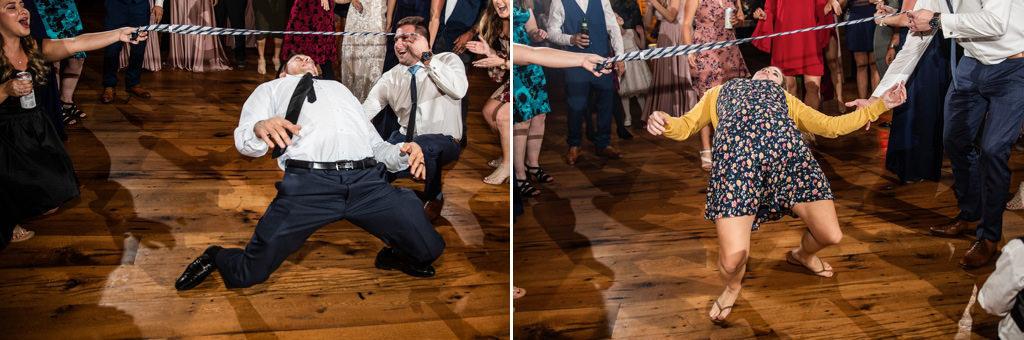 Wedding guests doing the limbo during a reception. This is for the article called best wedding group dance songs