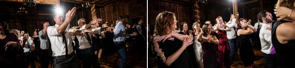 wedding guests doing the macarena at a wedding reception.