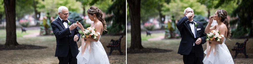 A bride and her dad doing a shot together just before they walked down the aisle