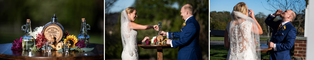 A bride and groom doing a whiskey unity ceremony at their wedding. They are taking shots.