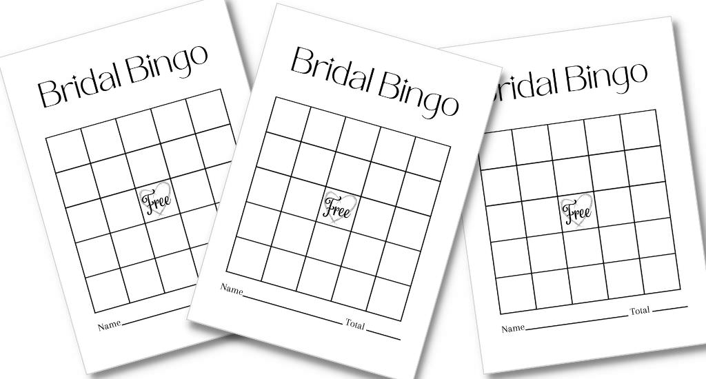 Three bridal shower bingo printable game cards with a white background. This is for the article called free bridal shower game card printable