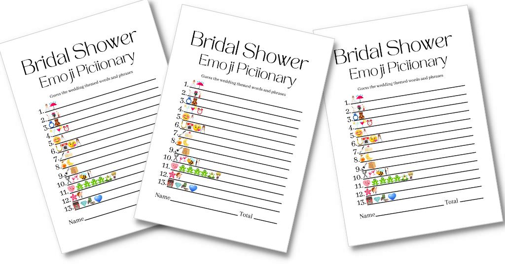Three bridal shower emoji Pictionary game cards with a white background