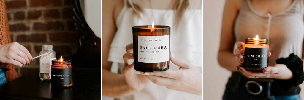 A close up of a woman holding handmade candles. This is for the article called game prizes for bridal shower.