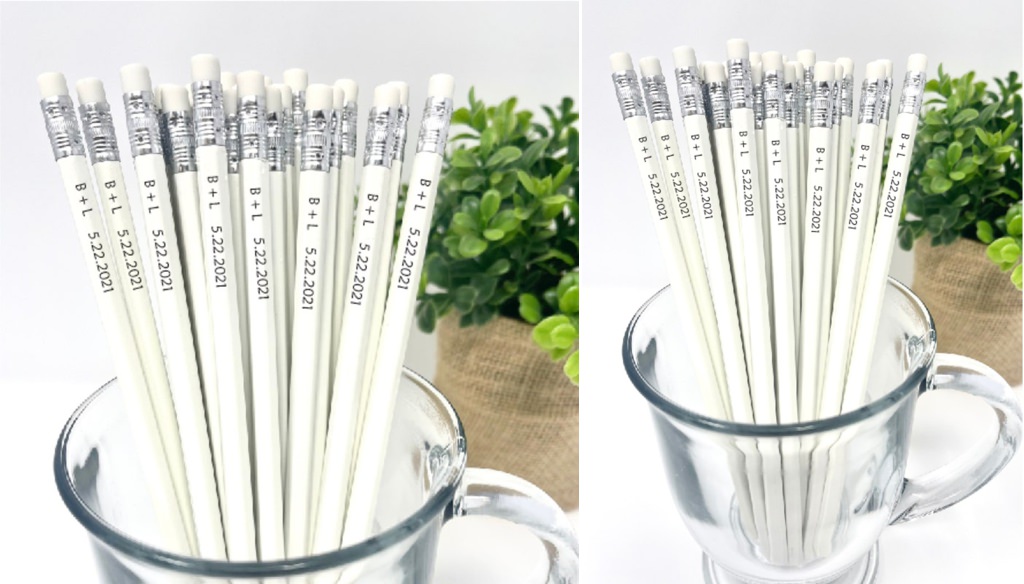 white pencils for a bridal shower with wedding date on them