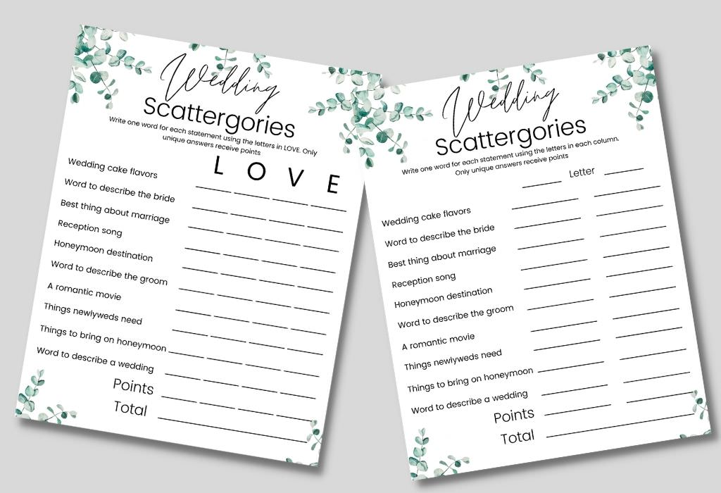two bridal shower scattergories game cards on a table. This is for the articles called bridal shower scattergories for your wedding