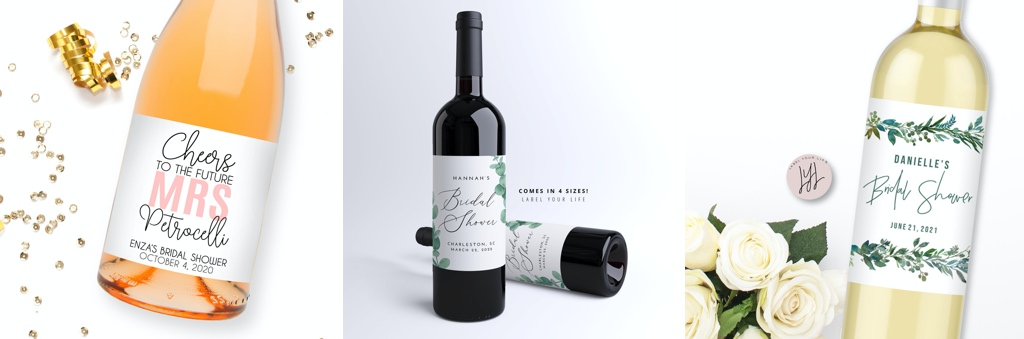 wine bottle with custom bridal shower labels on them.