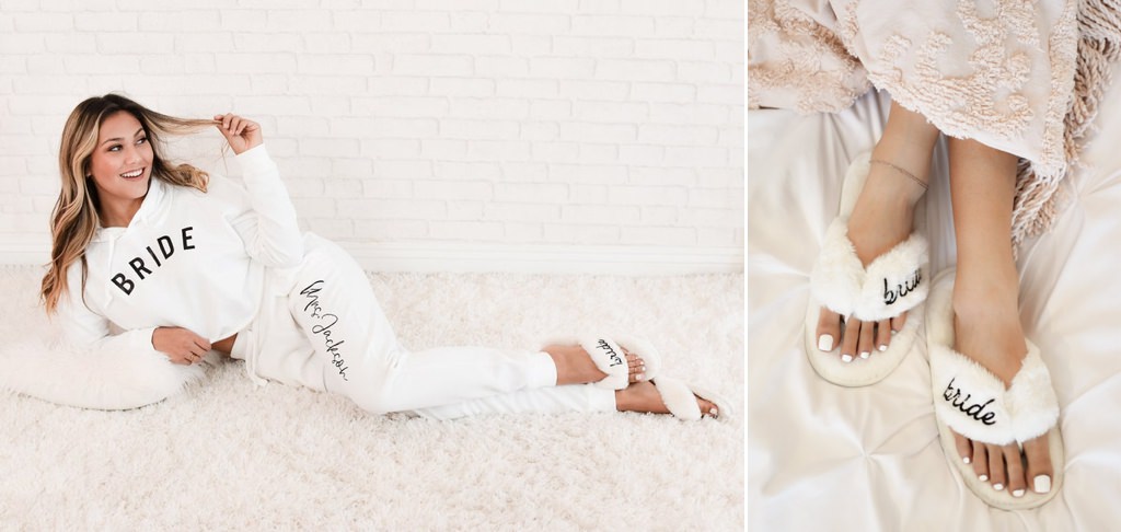 a photo of a bride laying down with bride joggers and bride slippers on