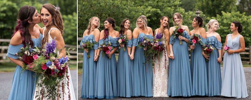A group of bridesmaids wearing dusty blue bridesmaid dresses. This is for the article called best bridesmaid captions and quotes for Instagram