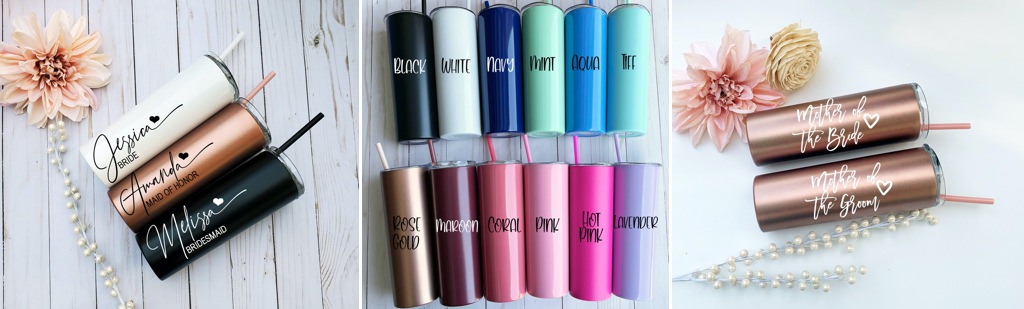 travel mugs with the words bridesmaid and bride on them
