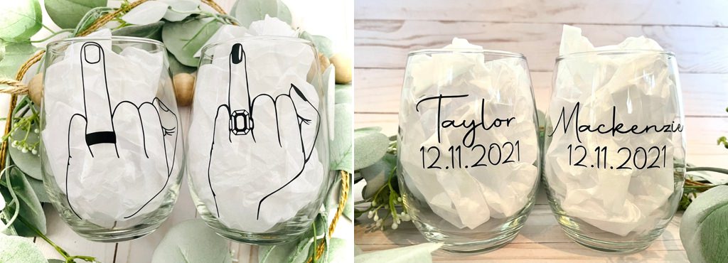 two wine glasses that have hands and wedding rings on them. They also have the name of the couple and the wedding date.