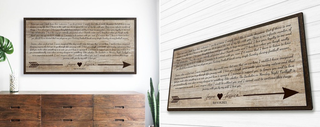 a wooden piece of vow art hanging on the wall. This is for the article called wedding gifts for your sister