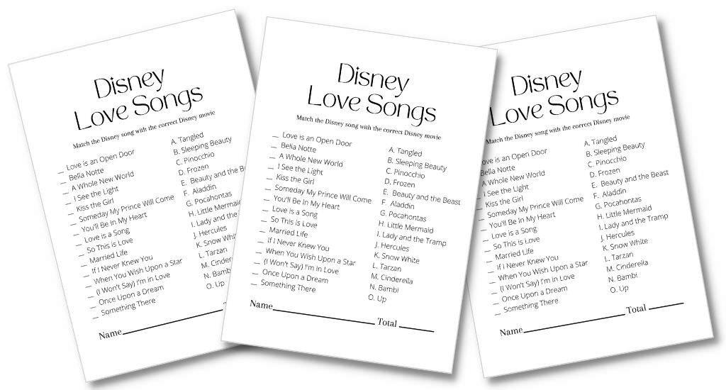 Three Disney Love Songs game cards for a bridal shower. These cards are for the free printable article and they are displayed with a white background.