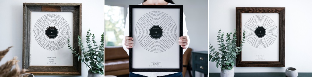 A framed photo that shows song lyrics printed in the shape of an old record.