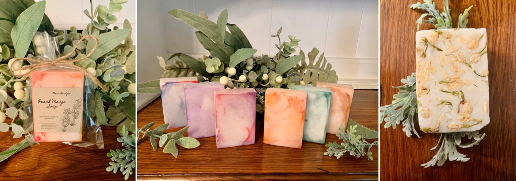 A few bars of handmade soap sitting on a table. This is for the article named bridal shower games prizes guests will love