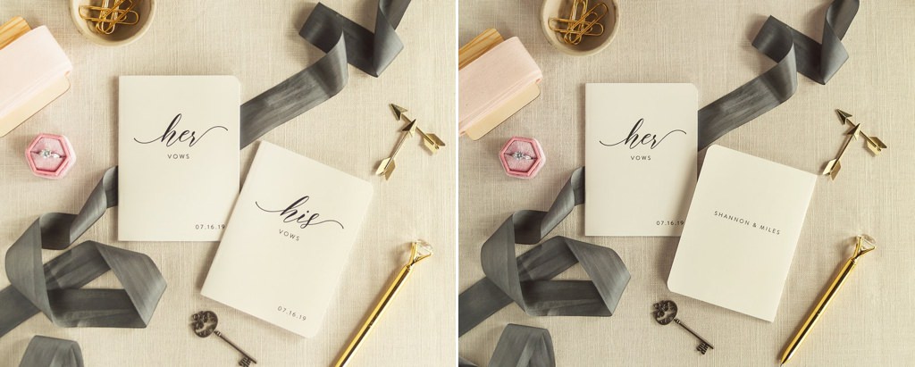 a close up photo of personal vow books for the wedding day that say his and hers