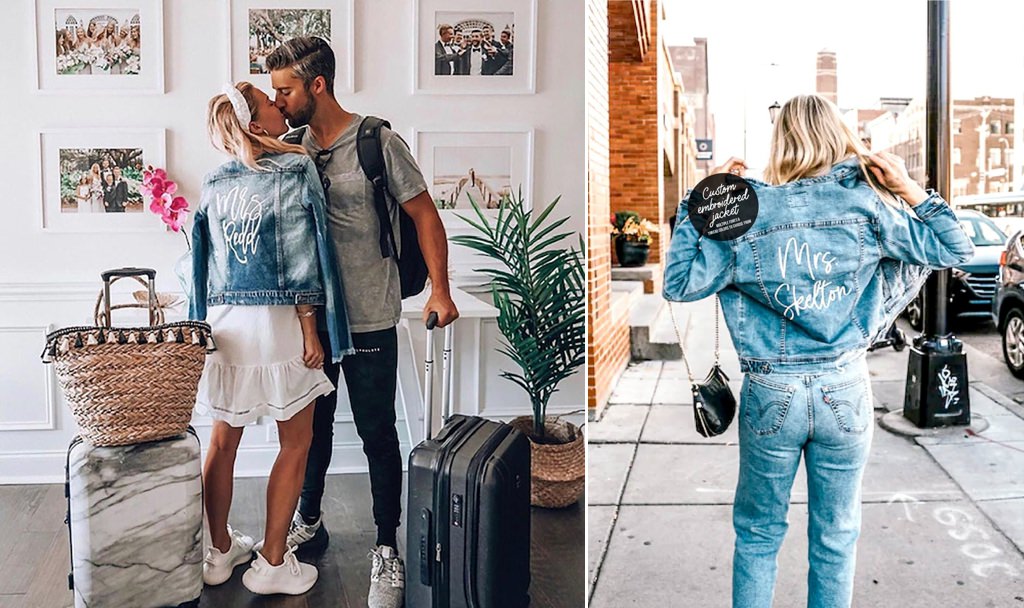 A bride wearing a custom designed jean denim jacket under her wedding dress