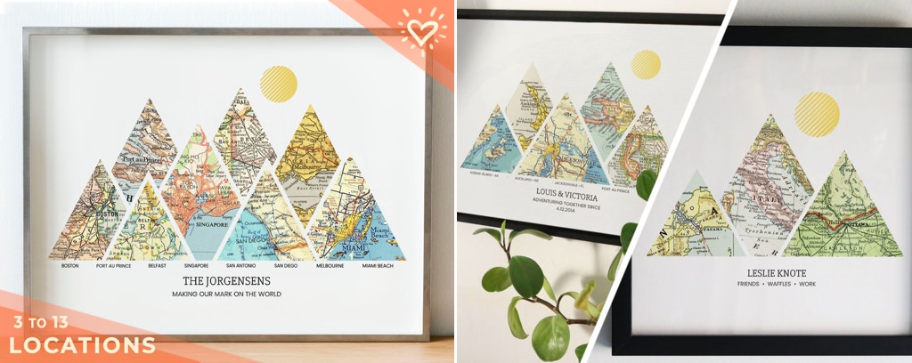 A photo of a framed milestone map wedding gift.
