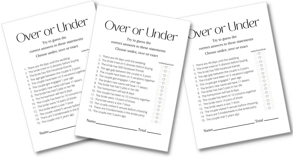 Three Over or Under Bridal Shower Game Cards with a white background
