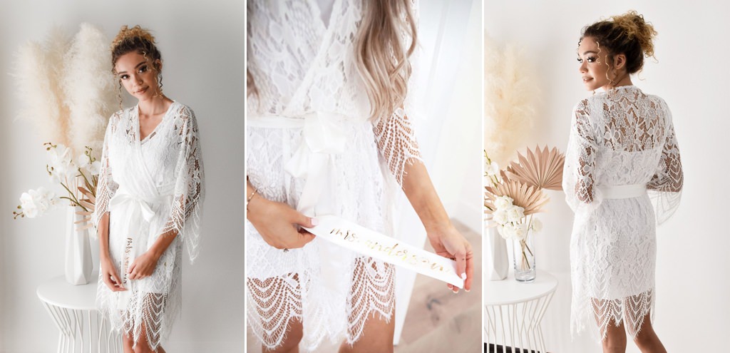 A bride posing a lace robe on her wedding day. This is for the article called wedding gifts for my sister.