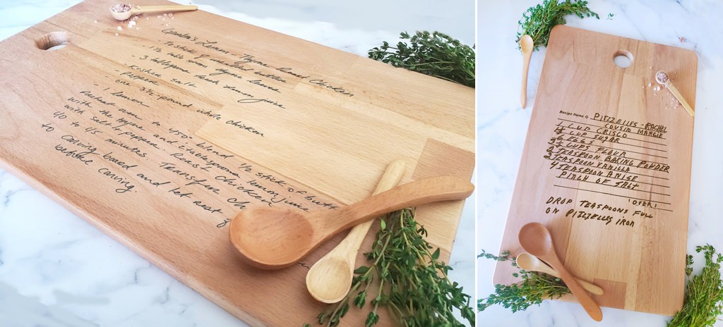 A cutting board with a recipe printed on it. This is for the article called wedding gifts for your sister.