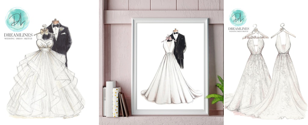 A wedding dress drawing in a picture frame. This is for the artice called wedding gifts for me sister.
