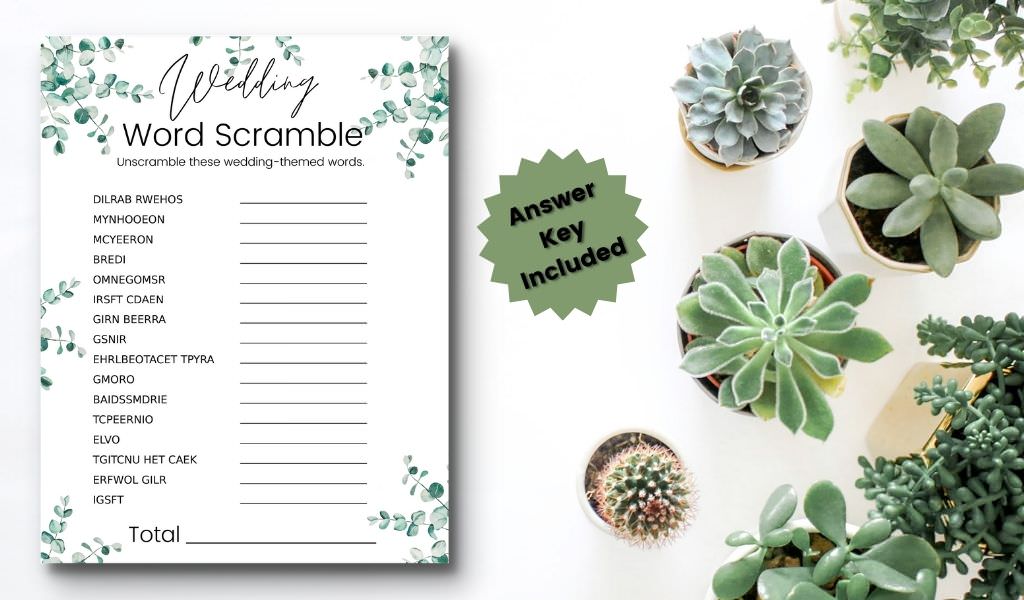A wedding word scramble game card on a table with plants. This is for the article called wedding word scramble bridal shower game.