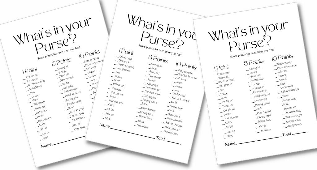 A bridal shower game called What's In Your Purse. This photo shows 3 What's In Your Purse game cards with a white background