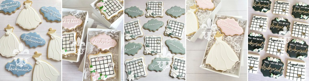 A bunch of custom cookies that say will you be my bridesmaid on them.