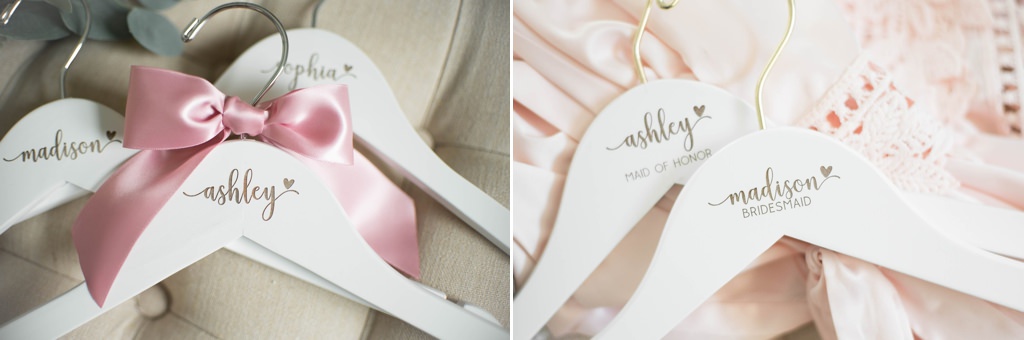 Bridesmaids dress hangers that have the name Ashley on them