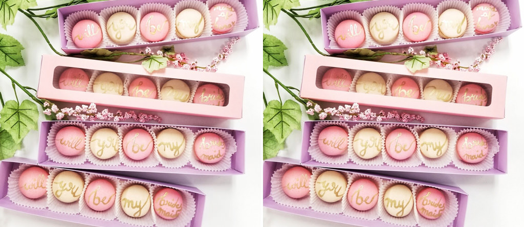 A photo of pink macarons that say will you be my bridesmaid on them. Another set says will you be my maid of honor