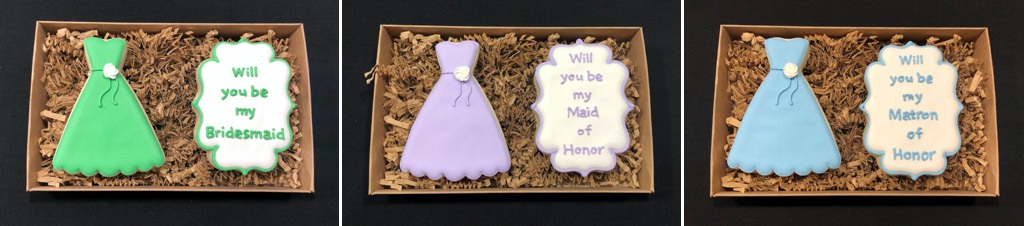 custom made cookies that say will you be my bridesmaid