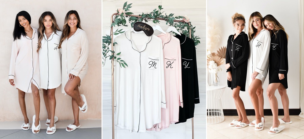 3 bridesmaids wearing pajama shirts and slippers