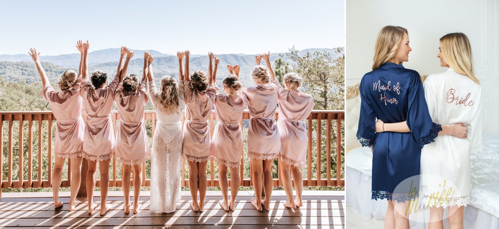 A group of bridesmaids wearing robes with their hands in the air