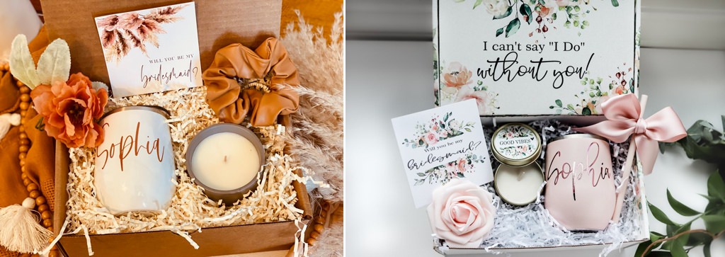 two bridesmaid proposal boxes sitting on a table.