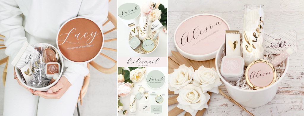 A few bridesmaid proposal gixt boxes sitting on a table.
