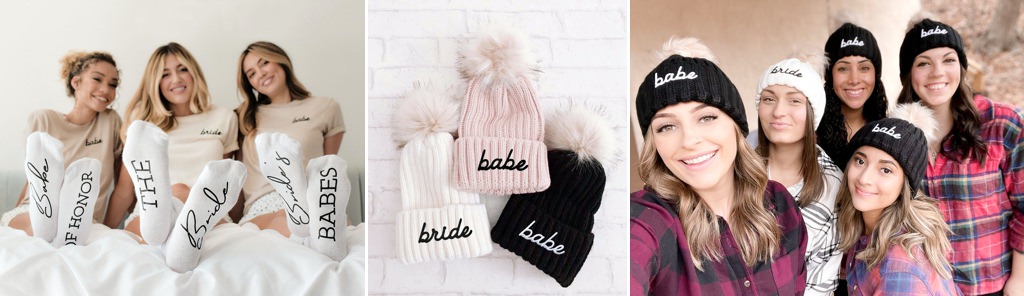A bride and bridesmaids wearing cozy socks and beanie hats