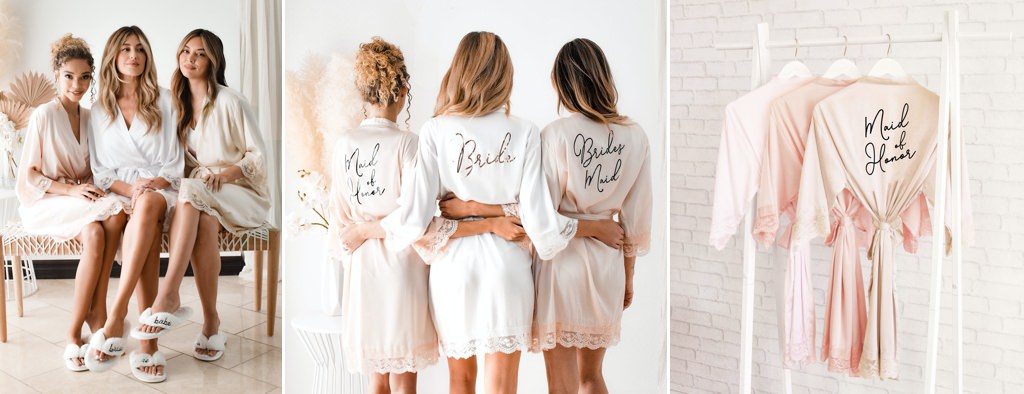 3 bridesmaids wearing satin lace robes for the wedding morning