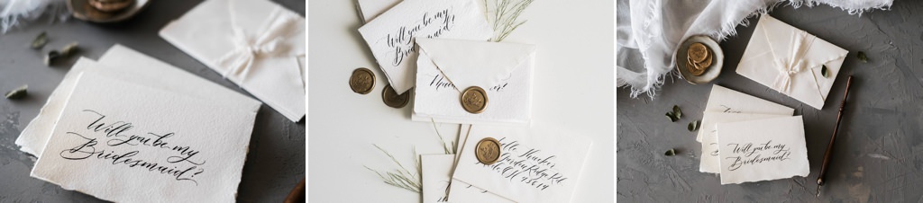 A torn paper style bridesmaid proposal card on a table