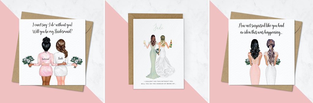 cartoon drawing of a bride and bridesmaid on a proposal card