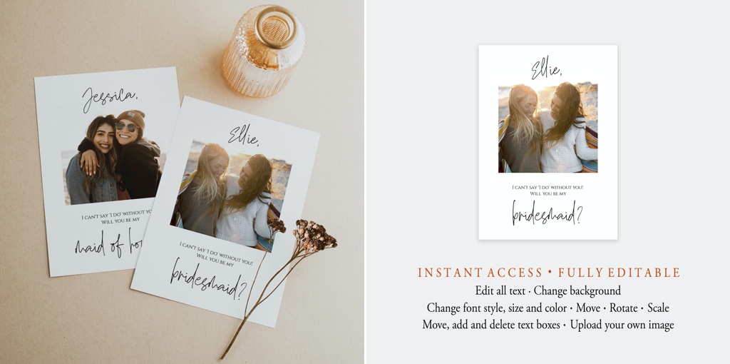 A photo card that says will you be my bridesmaid