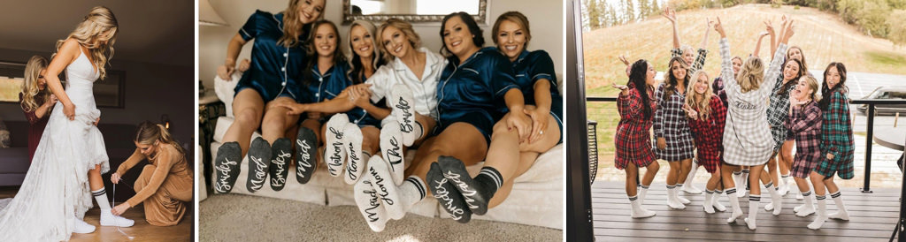 bridesmaids wearing personalized socks on a bed.