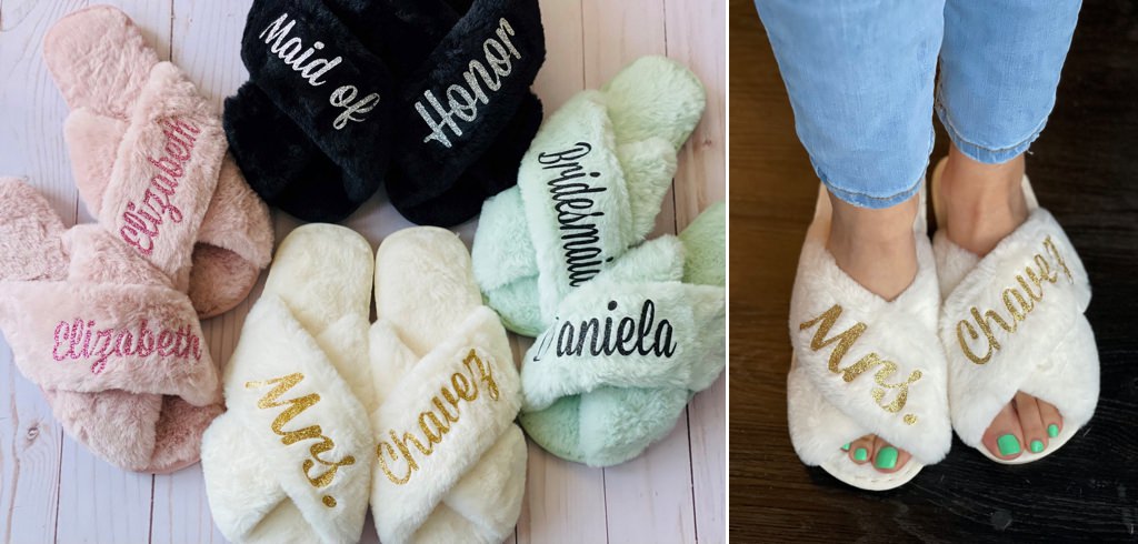close up of fuzzy slippers in multiple colors
