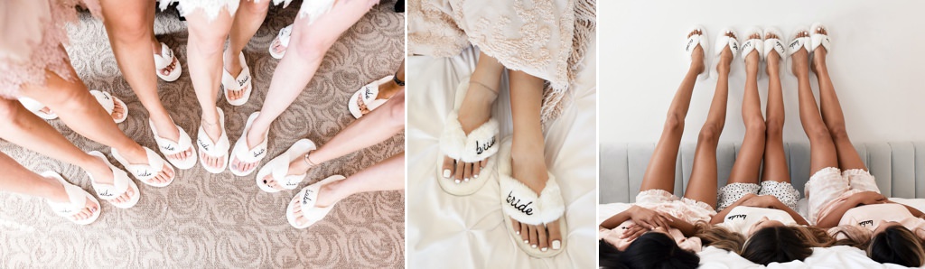 Close up of bridesmaid feet wearing slippers