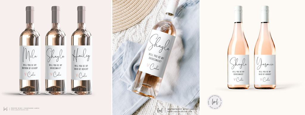 A collage of photos that feature custom wine bottle labes that say will you be my bridesmaid on them