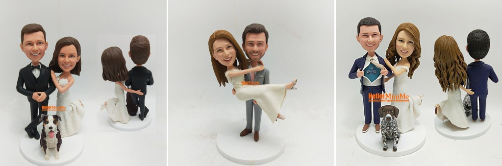 A close up photo of a wedding cake topper bobblehead