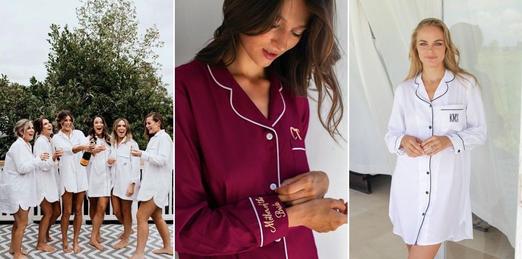 A bride and bridesmaids wearing button-down shirts. This is for the article called button down shirts for bridesmaids