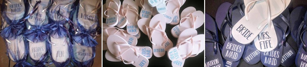close up of bridal party flip flops